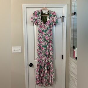 Astr Floral Puff-Sleeve Maxi Dress in Pink & Green